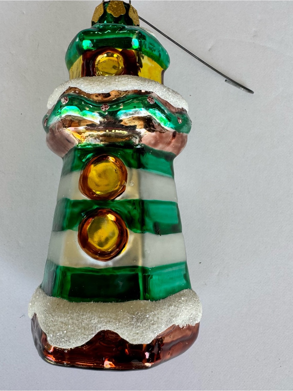 Vintage Glass Green and White Lighthouse Christmas Ornament